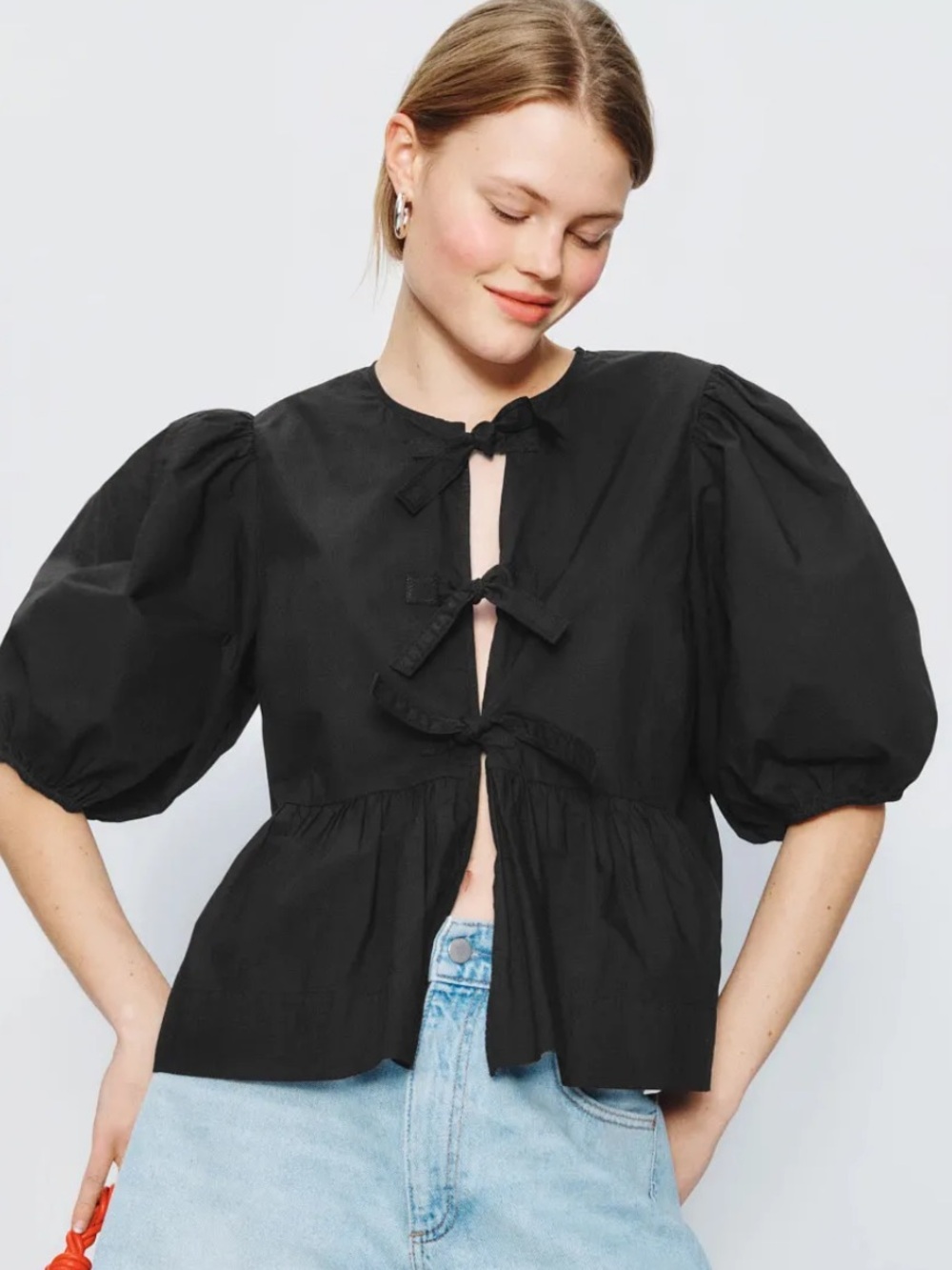 Ganni Black Puff-Sleeve Tie Blouse